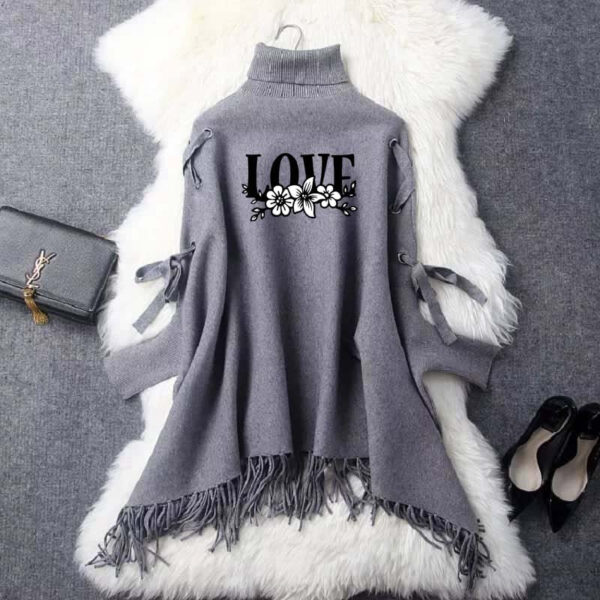 Zayra Black-White Love Eyelet Style Winter Bat-Wing Poncho