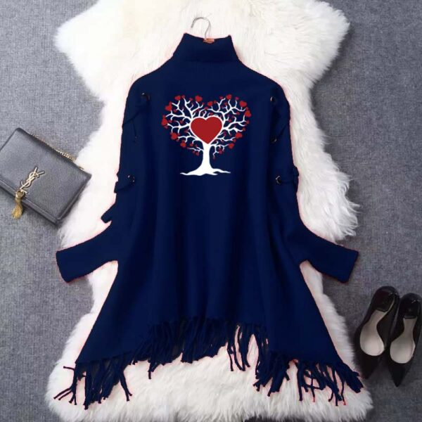 Zayra Red Heart Tree Eyelet Style Winter Bat-Wing Poncho