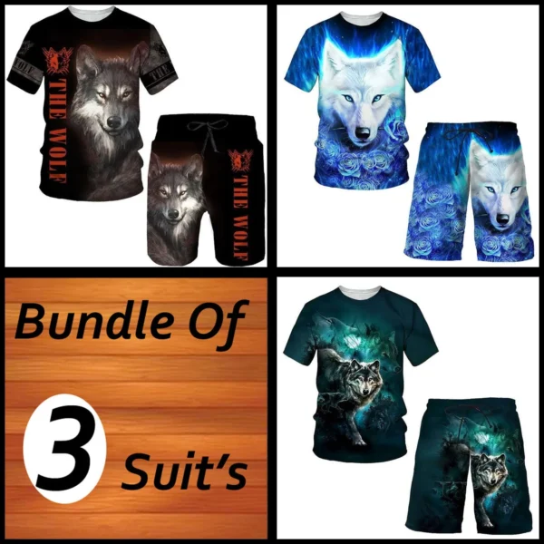 Zayra Bundle Of 3 Casual Wear 3D Wolf Printed 2-Pcs Summer Suit. Deal-11 (Clearance-Sale)