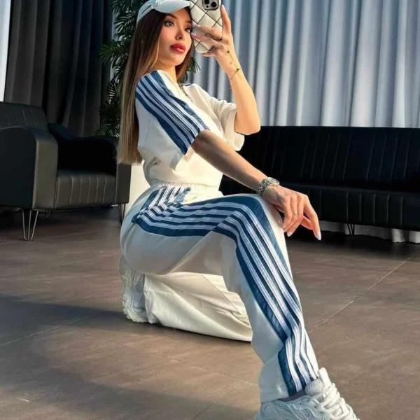 Zayra White Drop-Shoulder Stripe Style 2-Pcs Summer Dry-Fit Tracksuit For Her. WSTS-04